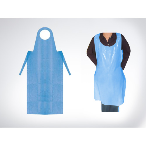 Die PE-Schürze in Blau ist aus extra starkem Material gefertigt und zeigt eine Gesamtansicht sowie eine Detailansicht am Körper eines Trägers.