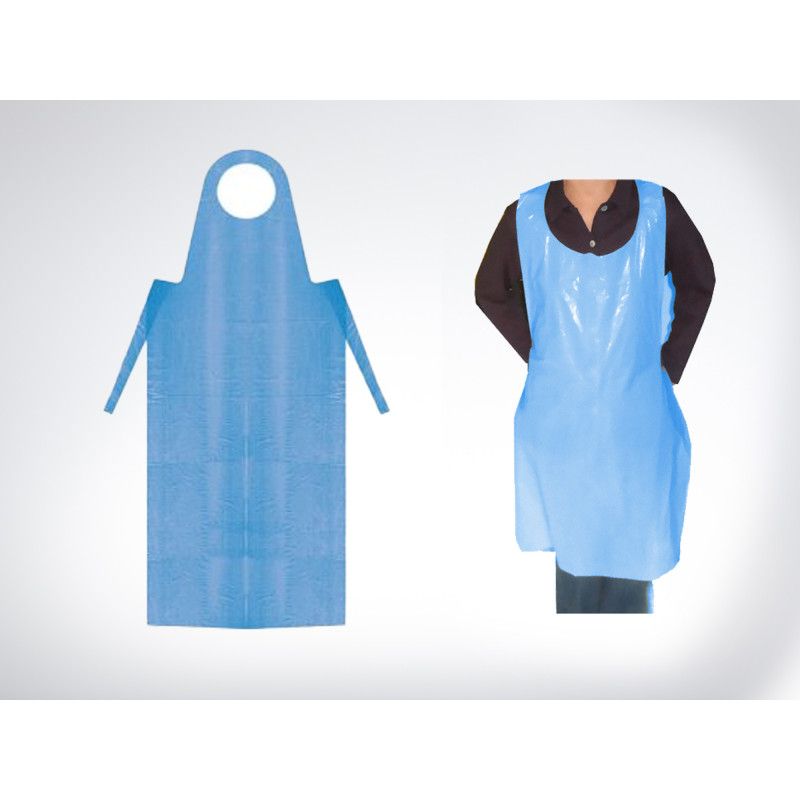 Die PE-Schürze in Blau ist aus extra starkem Material gefertigt und zeigt eine Gesamtansicht sowie eine Detailansicht am Körper eines Trägers.