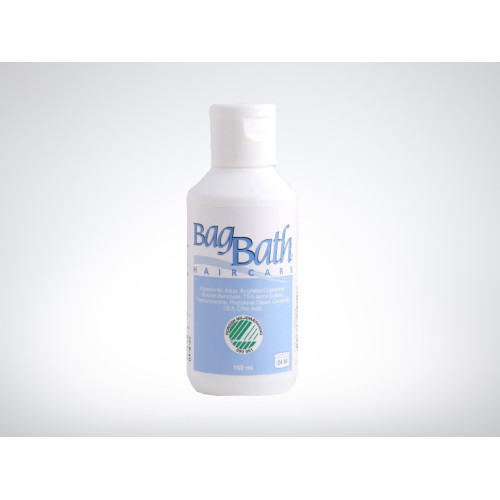 Ein weißer Kunststoffflakon mit blauer Beschriftung, der das BagBath® Haircare Haarwaschsystem in der Größe von 100 ml enthält.