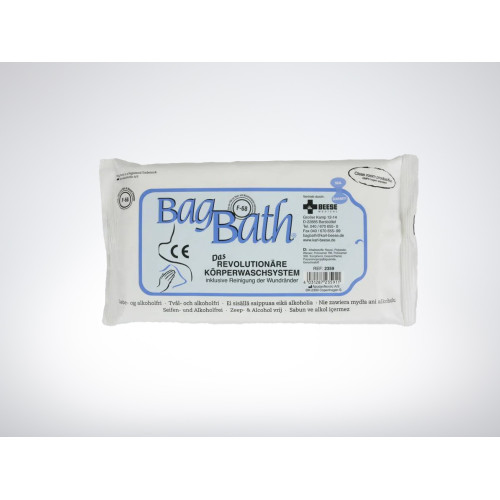 Ein weißes Paket mit der Aufschrift "BagBath" und Informationen zum Körperwaschsystem, das acht Stück enthält, ist abgebildet.
