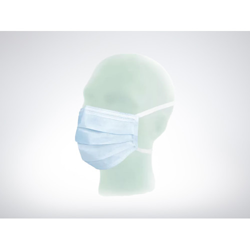 Die OP-Maske zum Binden in Blau hat eine dreilagige Struktur und elastische Bänder, die um den Kopf gebunden werden, und ist auf einem Kopfmodell abgebildet.