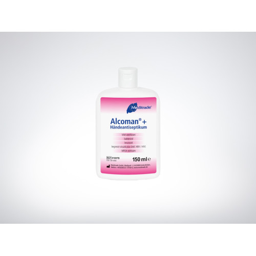 Es handelt sich um eine Flasche mit Alcoman+® Händedesinfektion, 150 ml, in einer weißen Kunststoffverpackung mit pinken und blauen Schriftzügen.