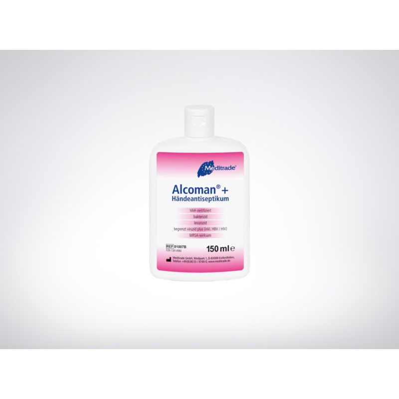 Es handelt sich um eine Flasche mit Alcoman+® Händedesinfektion, 150 ml, in einer weißen Kunststoffverpackung mit pinken und blauen Schriftzügen.