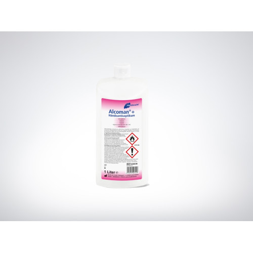 Das Produkt ist eine 1-Liter-Flasche Alcoman+® Händedesinfektion mit einem weißen Kunststoffgehäuse und einem bunten Etikett, das Warnsymbole und Anwendungshinweise enthält.