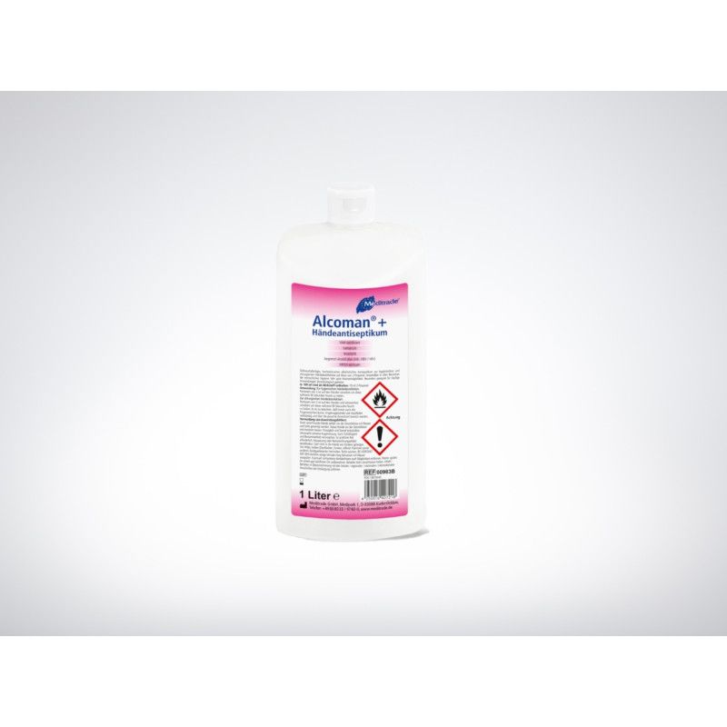 Das Produkt ist eine 1-Liter-Flasche Alcoman+® Händedesinfektion mit einem weißen Kunststoffgehäuse und einem bunten Etikett, das Warnsymbole und Anwendungshinweise enthält.