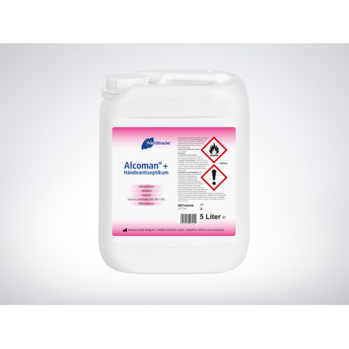 Ein weißer, quadratischer Kanister mit einem Fassungsvermögen von 5 Litern, beschriftet mit pinken und roten Warnhinweisen sowie dem Produktnamen "Alcoman+® Händedesinfektion".