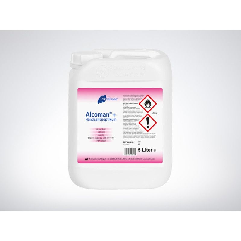 Ein weißer, quadratischer Kanister mit einem Fassungsvermögen von 5 Litern, beschriftet mit pinken und roten Warnhinweisen sowie dem Produktnamen "Alcoman+® Händedesinfektion".