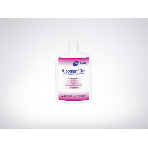 Ein flacher, weißer Kunststoffbehälter mit einem Schraubverschluss, der 150 ml Alcoman® Gel zur Händedesinfektion enthält, mit einem blauen und lila Etikett.