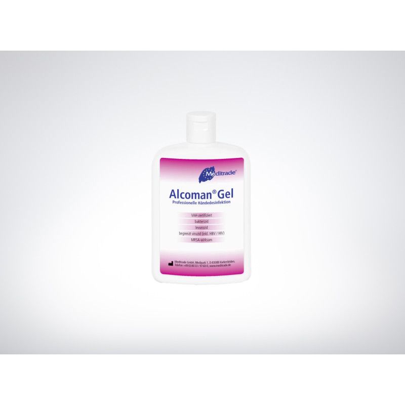 Ein flacher, weißer Kunststoffbehälter mit einem Schraubverschluss, der 150 ml Alcoman® Gel zur Händedesinfektion enthält, mit einem blauen und lila Etikett.