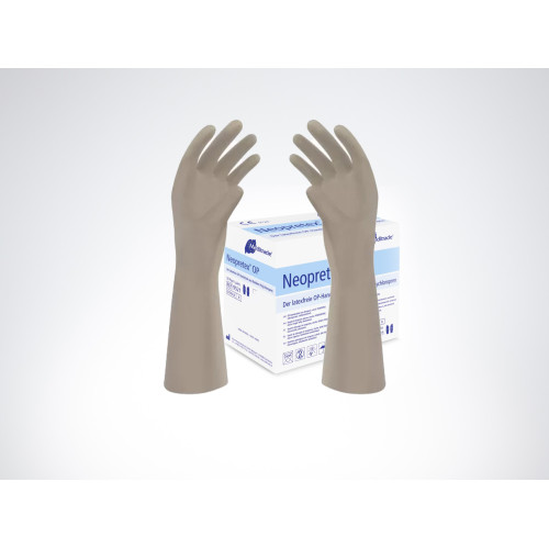 Zwei latexfreie, puderfreie OP-Handschuhe in Naturfarbe, Größe 7-9, mit einer Länge von 28,5 cm, stehen vor einer Verpackung mit 50 einzeln verpackten Paaren.