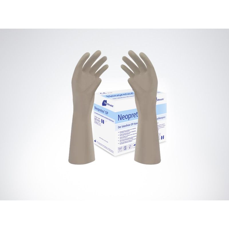 Zwei latexfreie, puderfreie OP-Handschuhe in Naturfarbe, Größe 7-9, mit einer Länge von 28,5 cm, stehen vor einer Verpackung mit 50 einzeln verpackten Paaren.