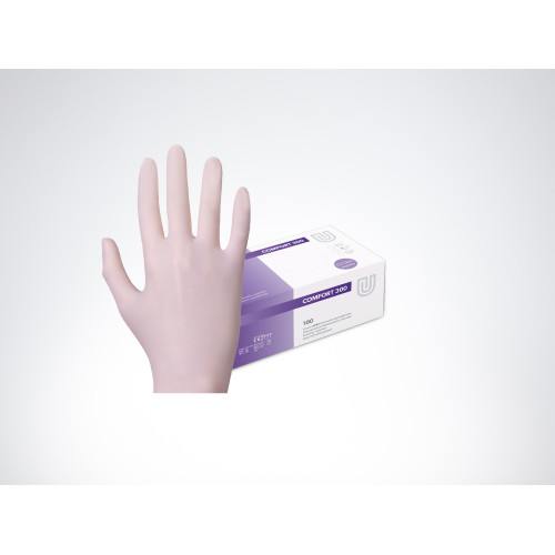 Es sind puderfreie, latex OP-Handschuhe in Naturfarbe, Größe S-L, 30 cm lang, abgebildet, zusammen mit der Verpackung von 100 Stück.