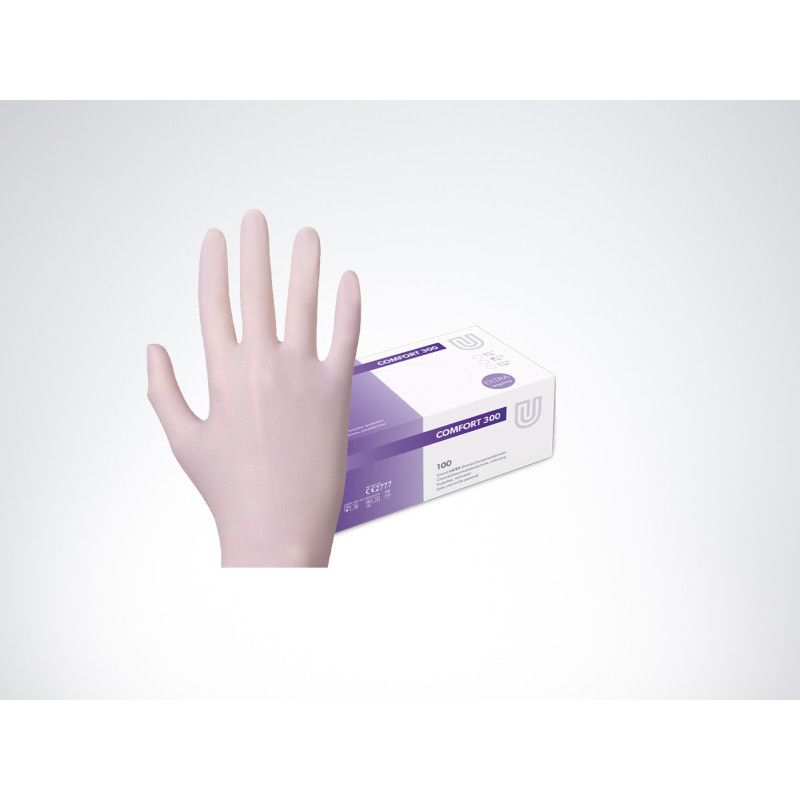 Es sind puderfreie, latex OP-Handschuhe in Naturfarbe, Größe S-L, 30 cm lang, abgebildet, zusammen mit der Verpackung von 100 Stück.