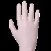 Einweghandschuh aus puderfreiem, naturweißen Latex in der Form einer Hand, sichtbar sind die Finger und die glatte Oberfläche des Materials.