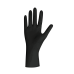 Ein schwarzer, puderfreier Einweghandschuh aus Nitril in Form einer Hand, die die Finger und den Handrücken zeigt, Gesamtansicht.