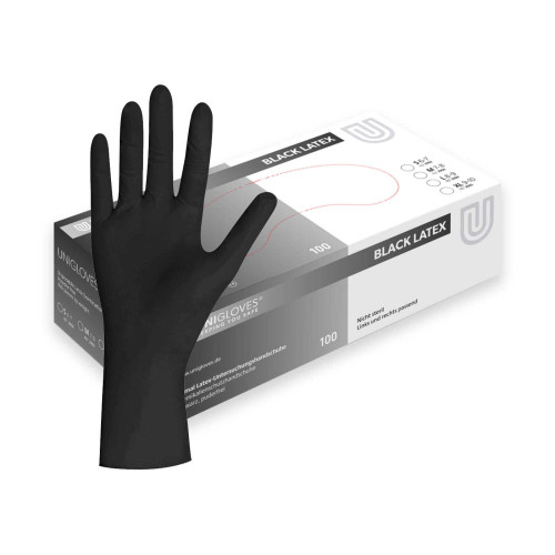 Schwarze, puderfreie Einweghandschuhe aus Latex sind auf einem Produktfoto abgebildet, zusammen mit der Verpackung, die eine Gesamtansicht bietet.