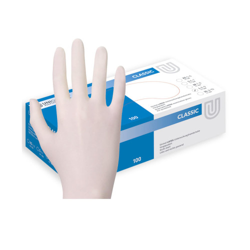 Einweghandschuhe aus vorgepulvertem, naturweißem Latex sind auf dem Foto zu sehen, daneben eine Verpackung mit 100 Stück.