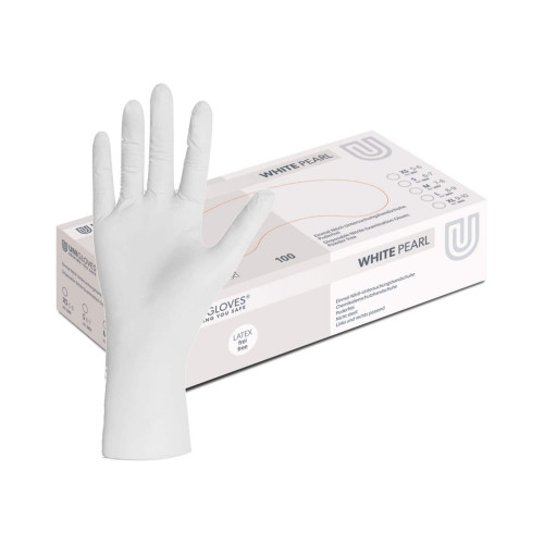 Auf dem Foto sind puderfreie, weiße Nitrilhandschuhe in einer Gesamtansicht mit einer Hand, die einen Handschuh hält, sowie der Verpackung im Hintergrund abgebildet.