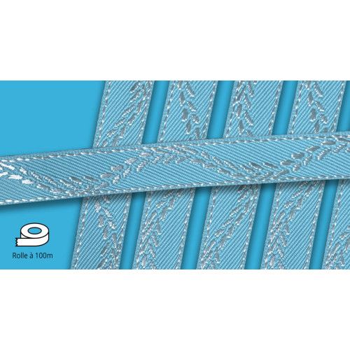 Hellblau-weißes Lotband mit Rankenmuster, 100 Meter lang, aus textilähnlichem Material, in einer Gesamtansicht mit mehreren Lagen auf einem einfarbigen Hintergrund.