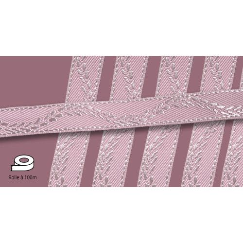 Das Produktfoto zeigt ein rosa-weißes Lotband mit einem floralen Muster, das auf einer Rolle mit einer Länge von 100 Metern präsentiert wird.