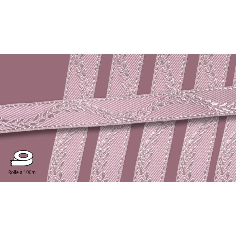 Das Produktfoto zeigt ein rosa-weißes Lotband mit einem floralen Muster, das auf einer Rolle mit einer Länge von 100 Metern präsentiert wird.
