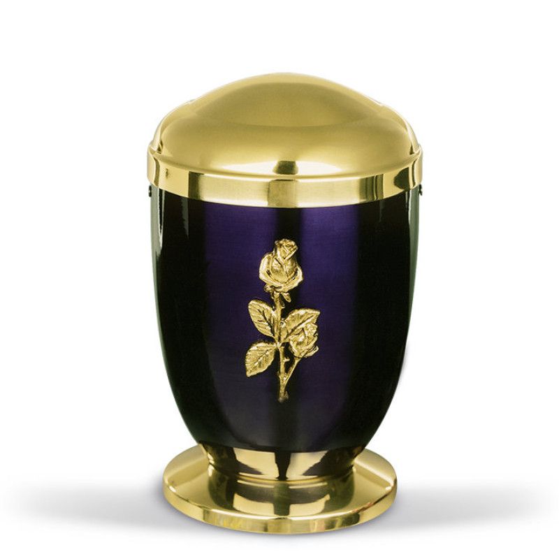 Kupferurne in Kobalt Blau mit poliertem Messingdeckel und -sockel, verziert mit einem goldenen Rosenzweig, Gesamtansicht.