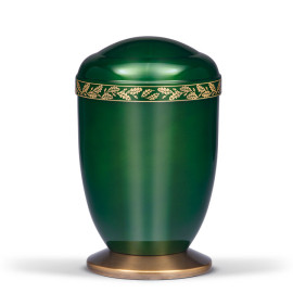 Kupferurne, Moosgrün, Dekorband Eichenlaub am Deckel, Sockel Messing