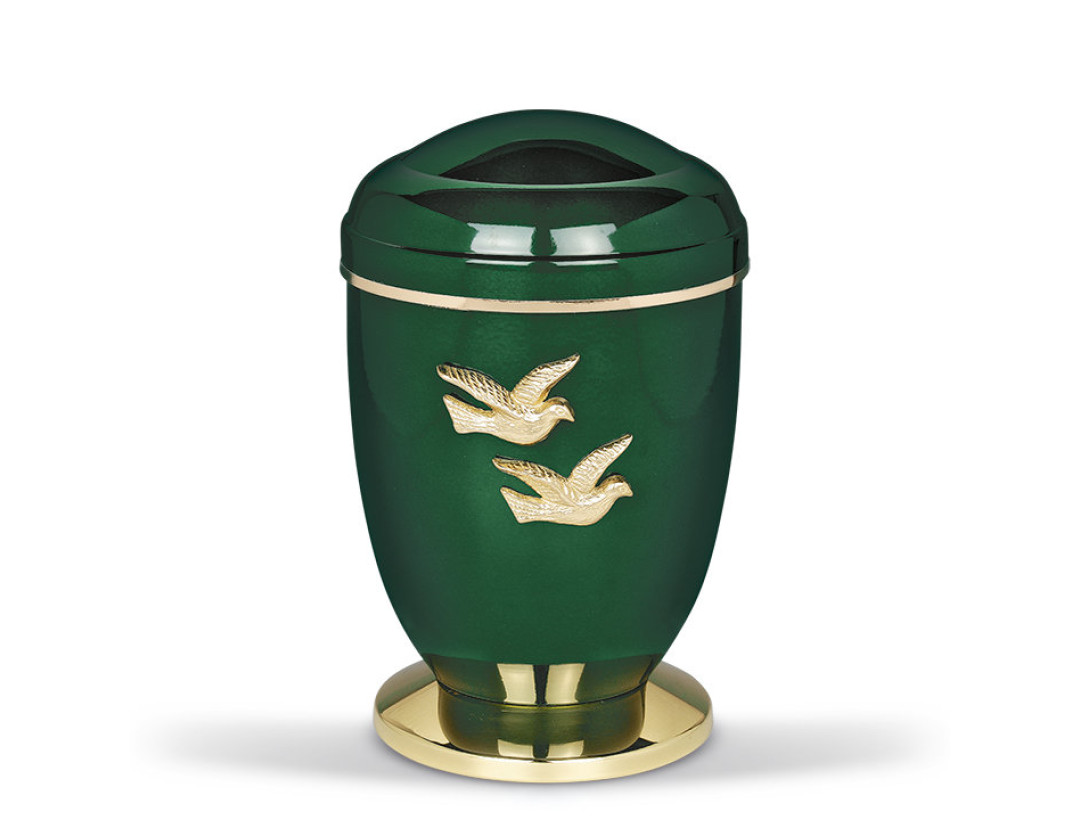 Kupferurne, Moosgrün, Messingtauben, Sockel Messing poliert,