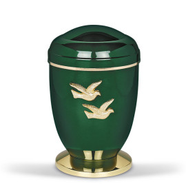 Kupferurne, Moosgrün, Messingtauben, Sockel Messing poliert,