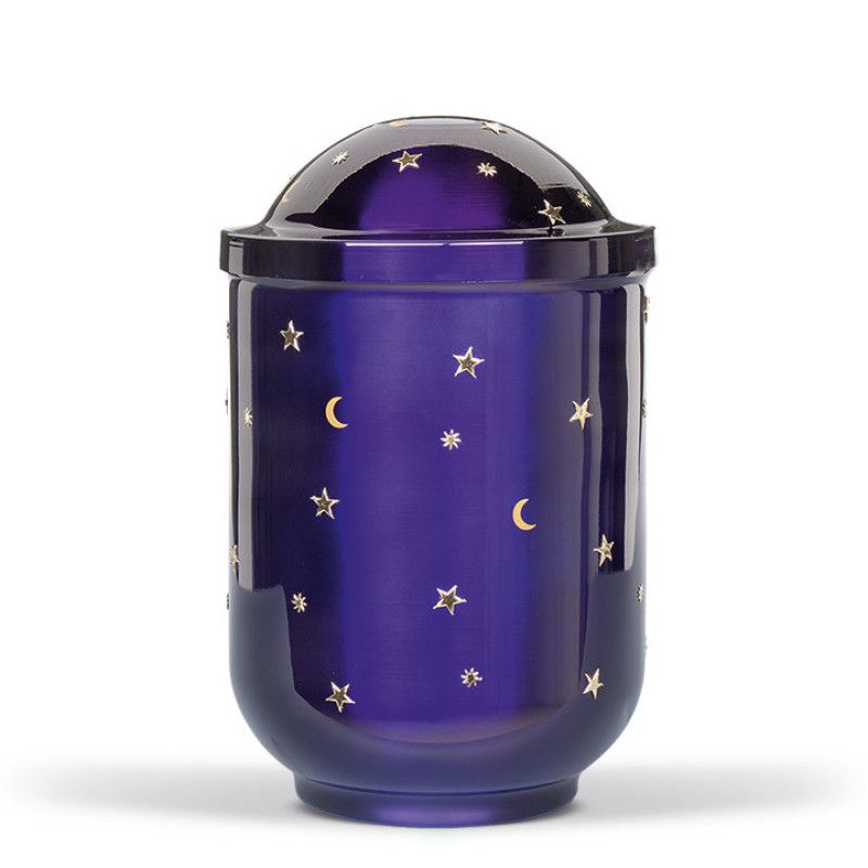 Stahlurne in Kobalt Blau mit goldenen Motiven von Sonne, Mond und Sternen, runde Form mit gewölbtem Deckel, Gesamtansicht des Produkts.