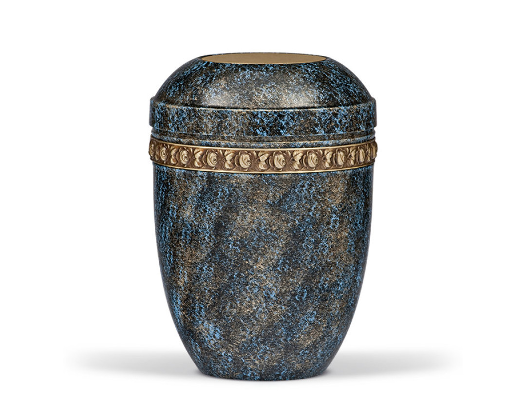 Stahlurne, Blau Gold. Hand Patiniert MS-Rosenband, Mess. Platte im Deckel,