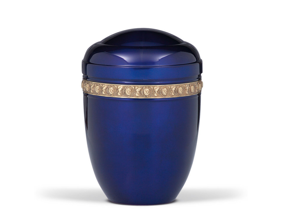 Stahlurne, Kobalt Blau, Rosenband, gewölbter (10er) Deckel