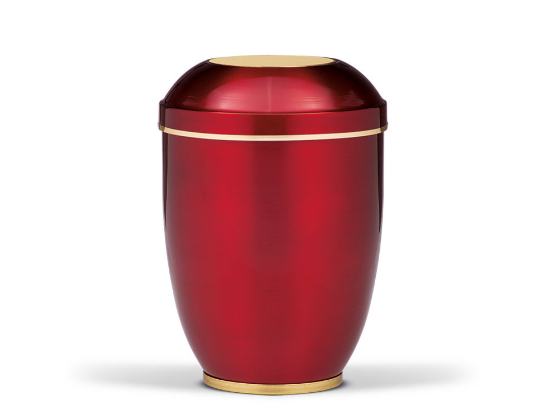 Stahlurne, Weinrot, Goldband, eingel. Mess. Platte, Fuß Mess. Poliert