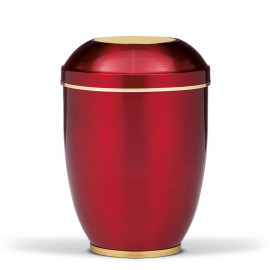 Stahlurne, Weinrot, Goldband, eingel. Mess. Platte, Fuß Mess. Poliert