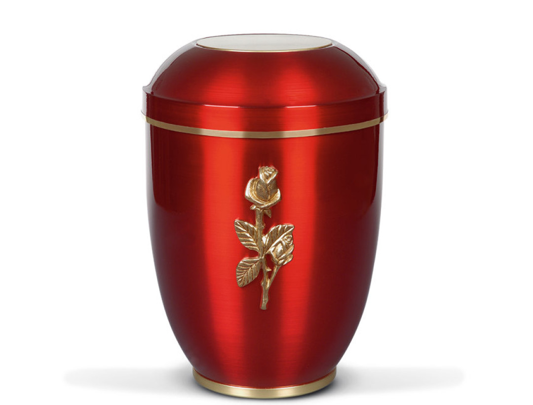 Stahlurne, Weinrot, Goldband Mess. Rosenzweig, Fuß Mes. poliert.