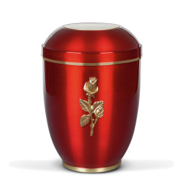 Stahlurne, Weinrot, Goldband Mess. Rosenzweig, Fuß Mes. poliert.