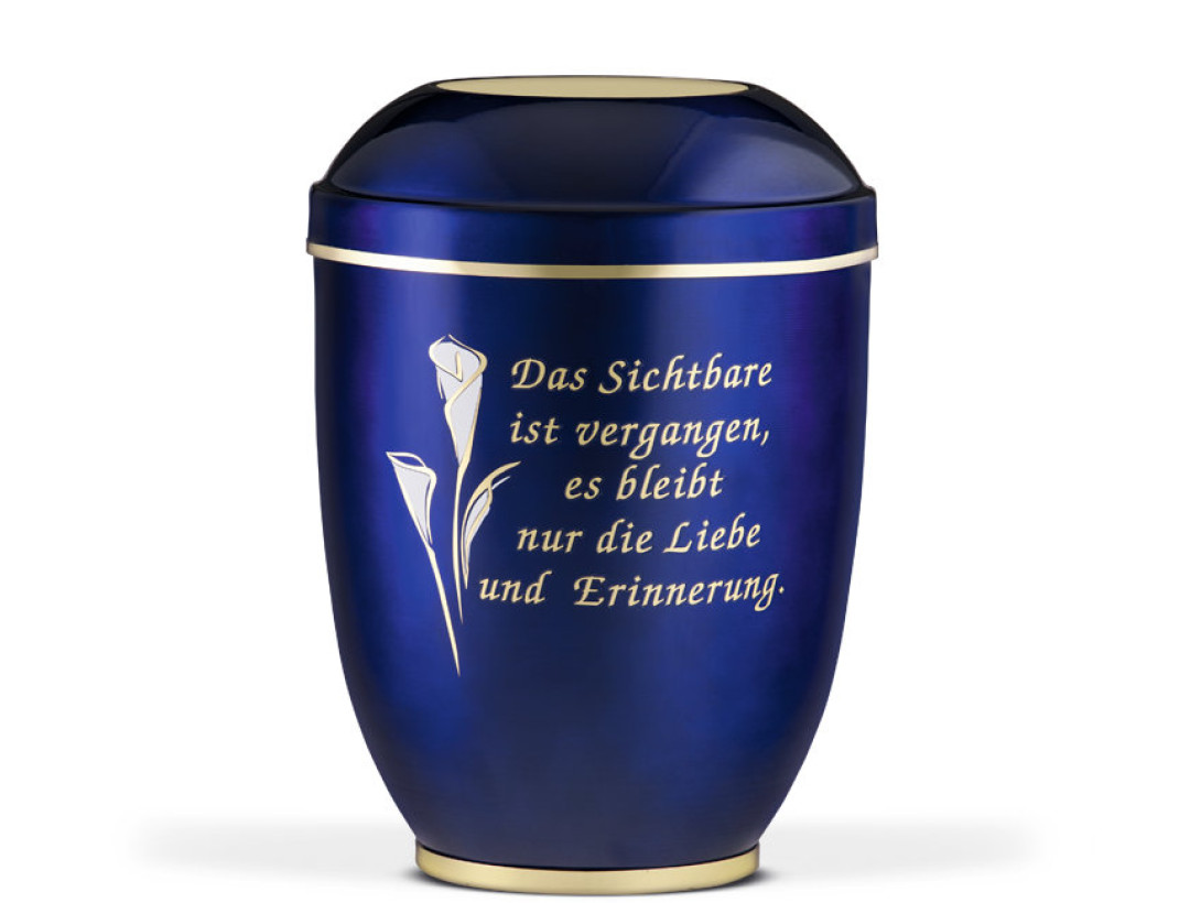 Stahlurne, Kobalt Blau, Goldband Calla Gold/Weiß, Fuß Mess. poliert, Trauertext Nr. 6