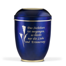 Stahlurne, Kobalt Blau, Goldband Calla Gold/Weiß, Fuß Mess. poliert, Trauertext Nr. 6