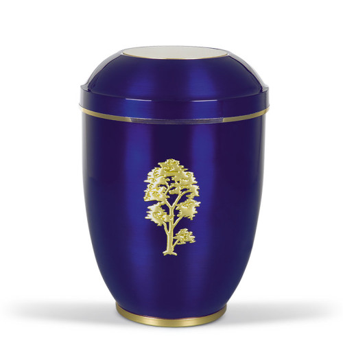 Stahlurne in Kobalt Blau mit goldfarbenem Baum-Motiv, runde Form, glänzende Oberfläche, Gesamtansicht.