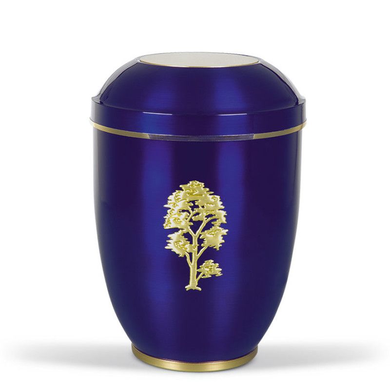 Stahlurne in Kobalt Blau mit goldfarbenem Baum-Motiv, runde Form, glänzende Oberfläche, Gesamtansicht.