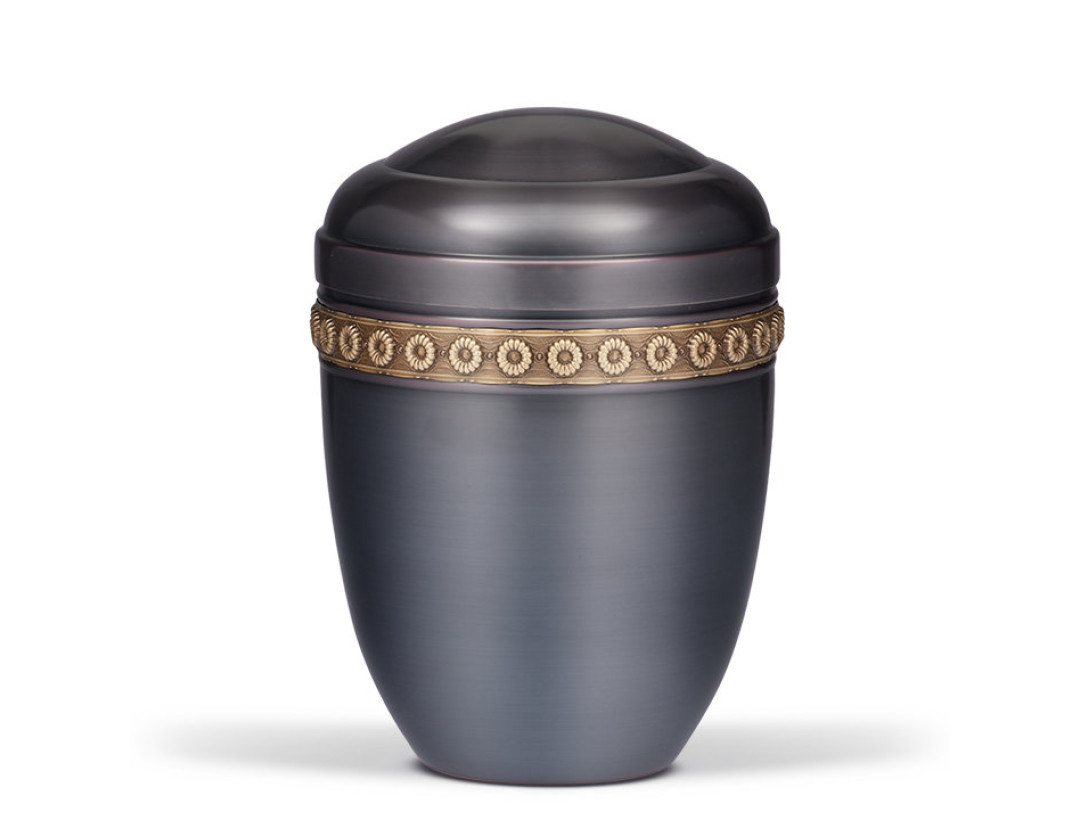 Kupferurne, Dunkel, Messing Zierband (Blume)