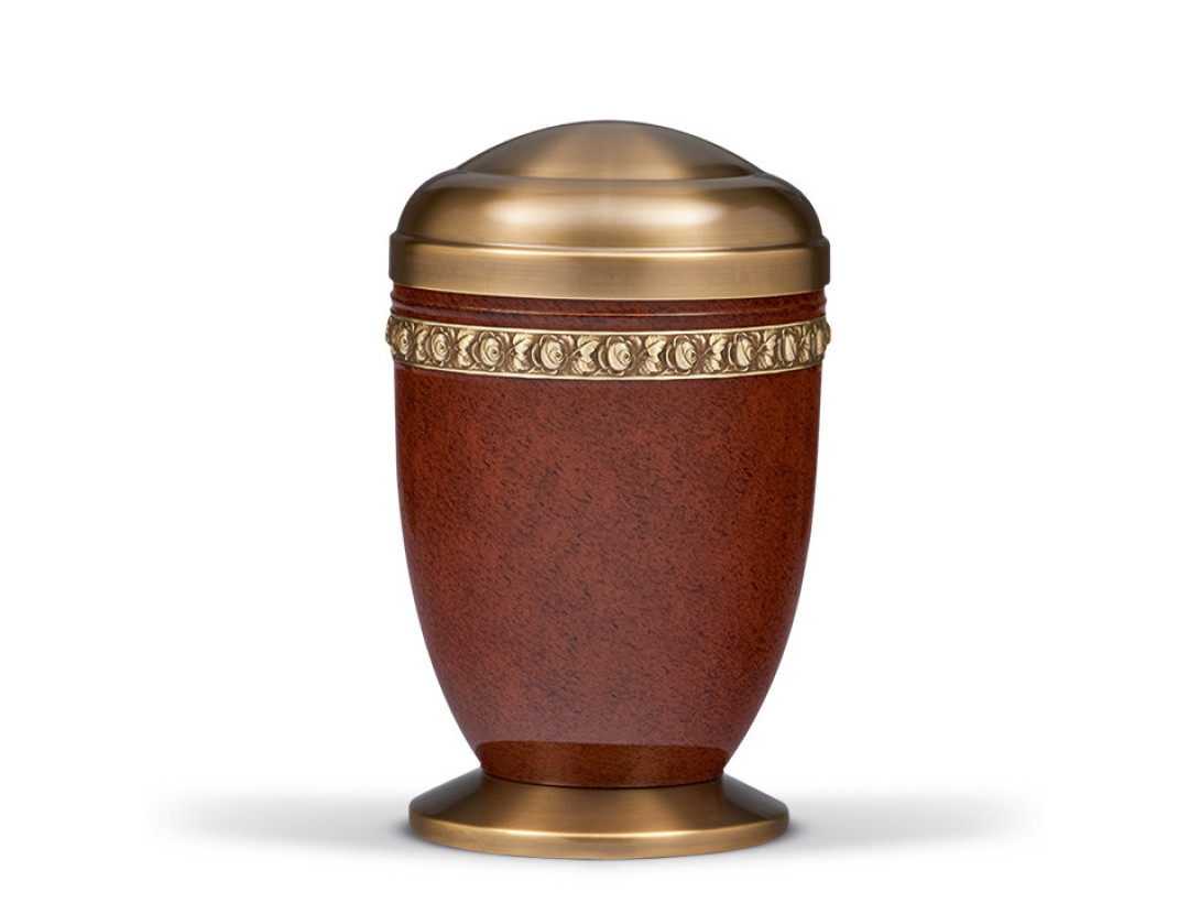 Stahlurne, Wurzelholz patiniert, Messing Rosenband, Messing Sockel