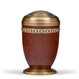 Stahlurne, Wurzelholz patiniert, Messing Rosenband, Messing Sockel