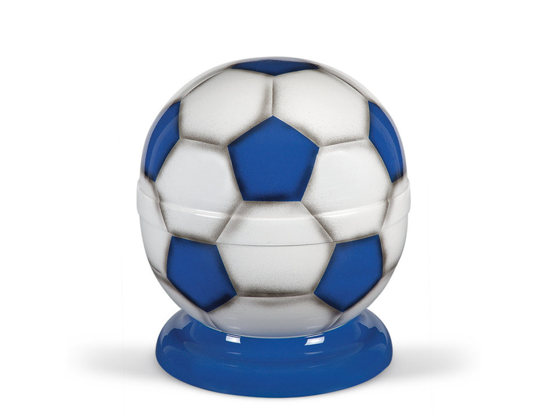 Stahlurne, Fussball Airbrush Blau-Weiß, Sockel blau