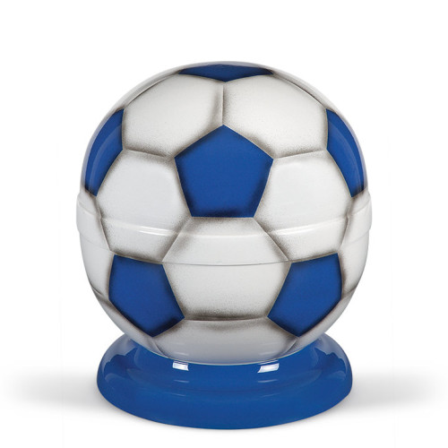 Stahlurne in Form eines Fußballs, mit blau-weißer Airbrush-Gestaltung und einem blauen Sockel, Gesamtansicht des Produkts.