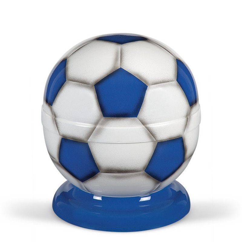 Stahlurne in Form eines Fußballs, mit blau-weißer Airbrush-Gestaltung und einem blauen Sockel, Gesamtansicht des Produkts.