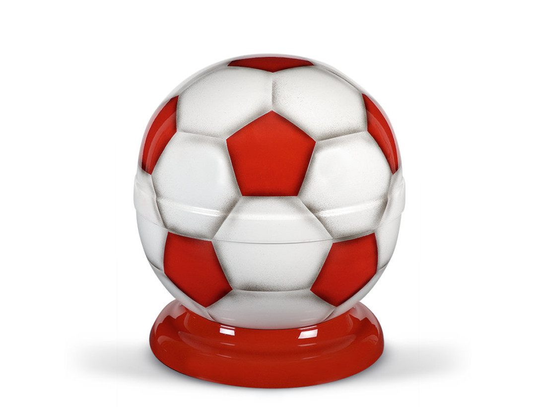 Stahlurne, Fussball Airbrush Rot-Weiß, Sockel Rot