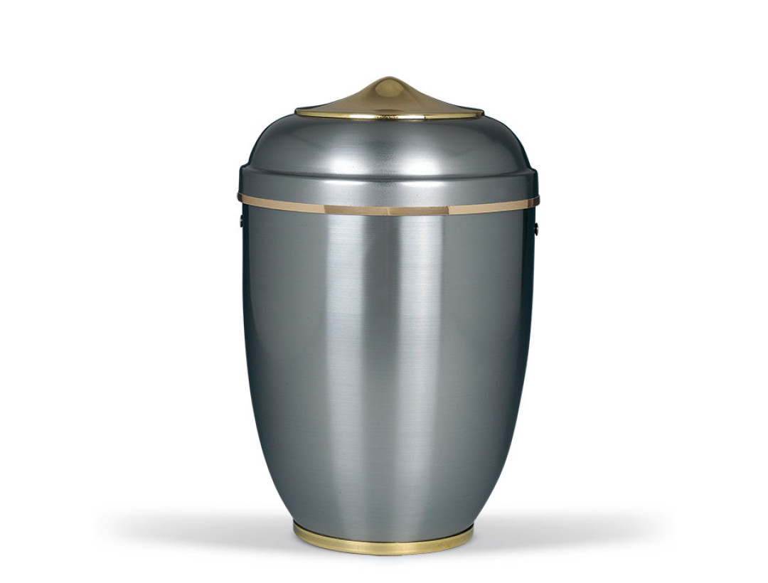 Stahlurne, ZIHESTA, Goldband Haube und Fuß Mess poliert