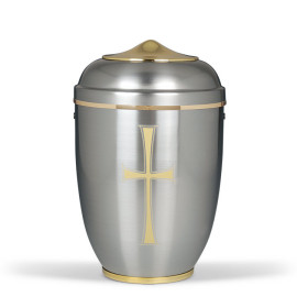 Stahlurne, ZIHESTA, Goldband Goldkreuz Haube und Sockel Mess poliert