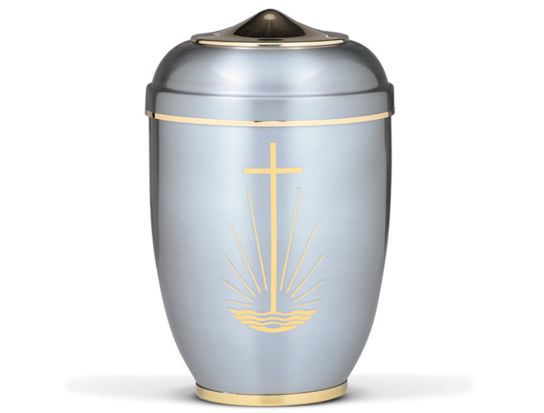 Stahlurne, ZIHESTA, Goldb., Kreuz/Flamme Haube und Fuß Mess poliert